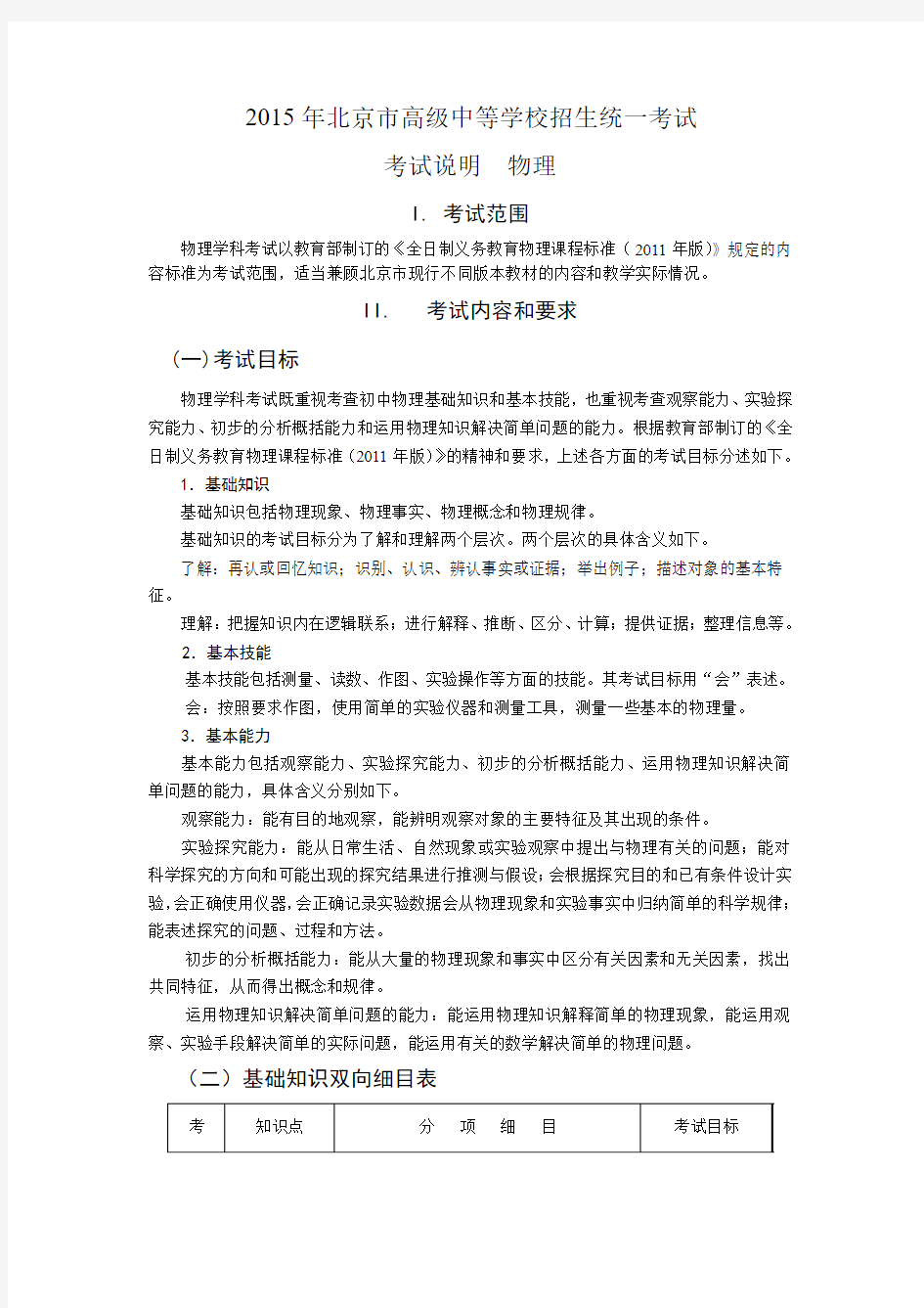 2015年北京市中考考试说明-物理部分(新增或变化考点用红色标记)