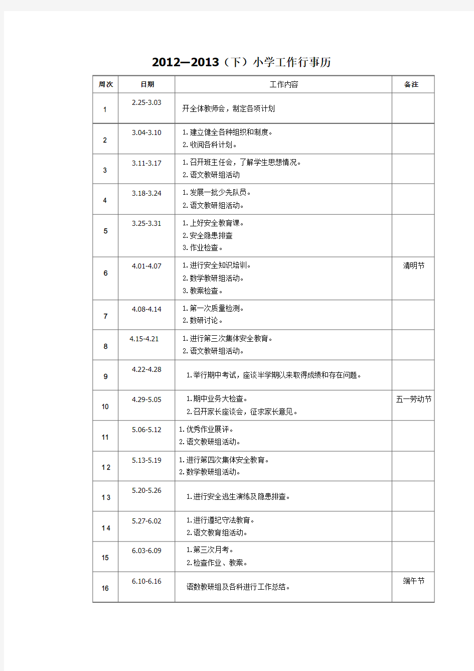 小学下学期工作行事历