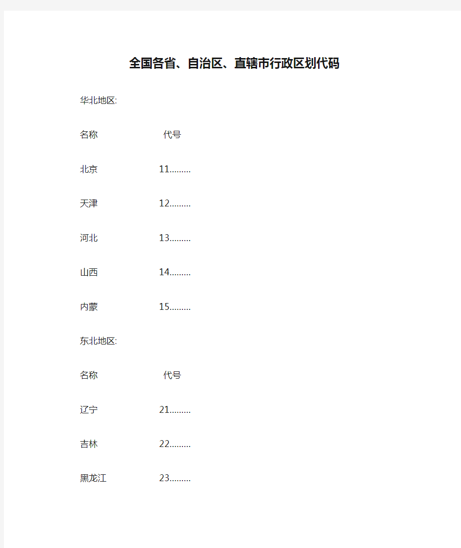 全国各省、自治区、直辖市行政区划代码