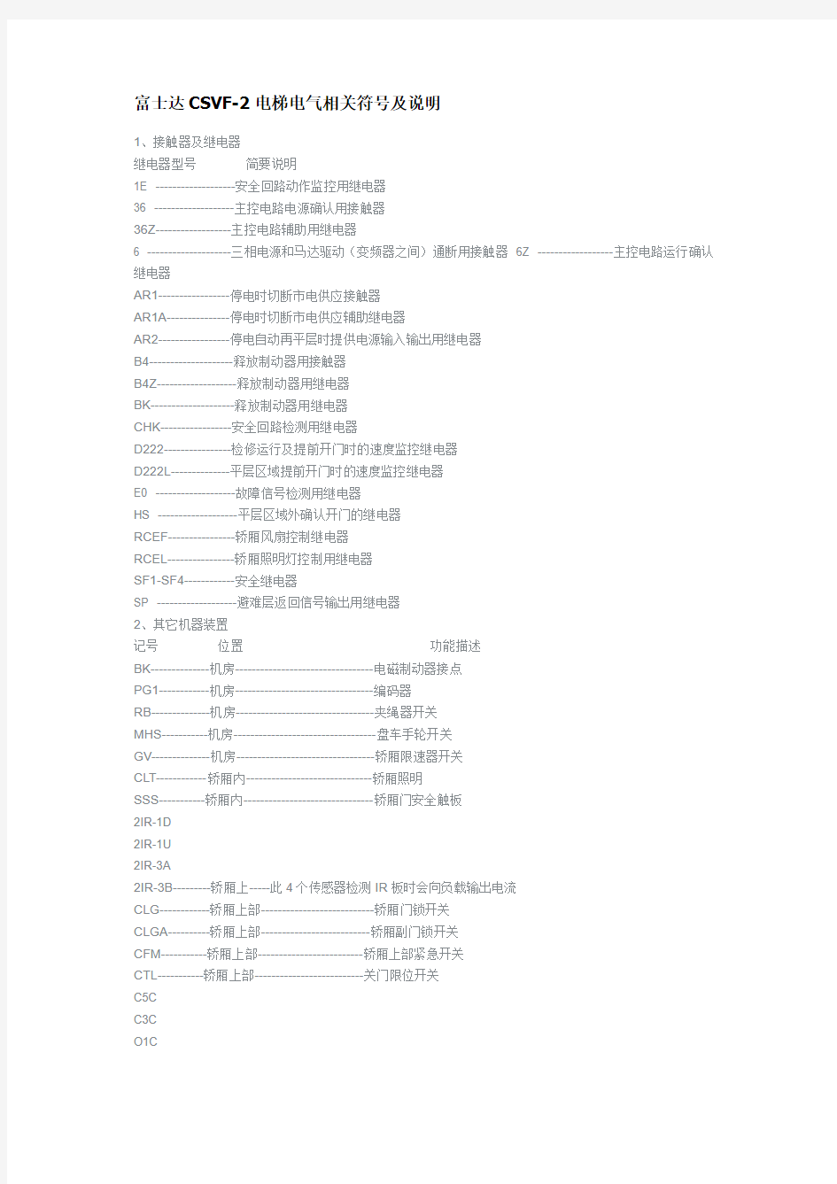 富士达CSVF-2电梯电气相关符号及说明