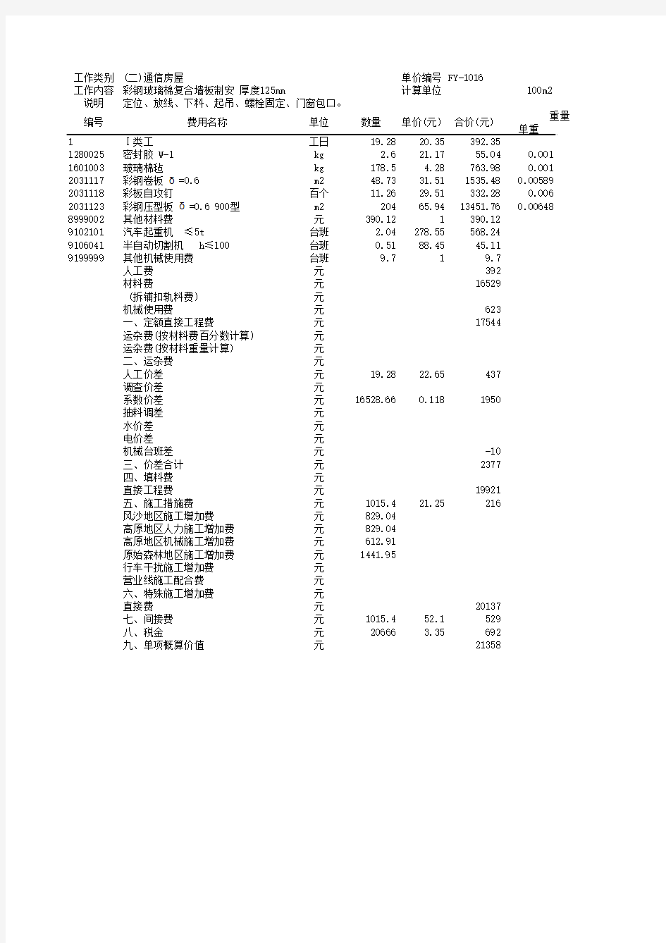 压型墙板单价分析表