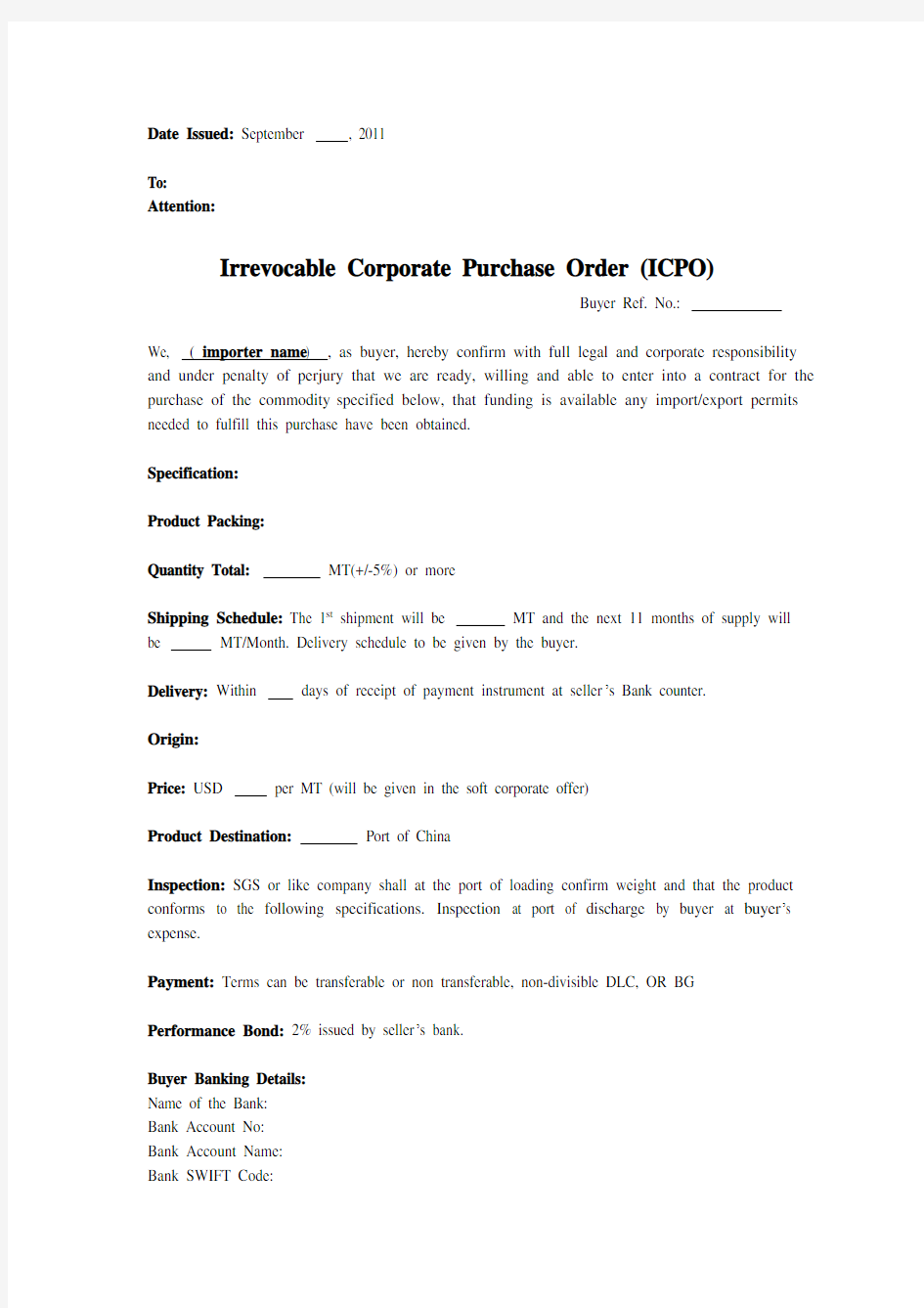 Irrevocable Corporate Purchase Order (ICPO)电子版(中英文版)