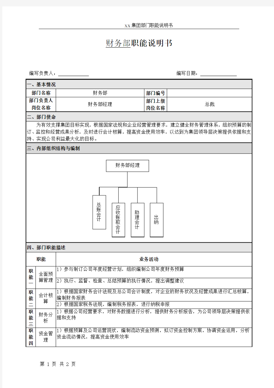 财务部门职能说明书