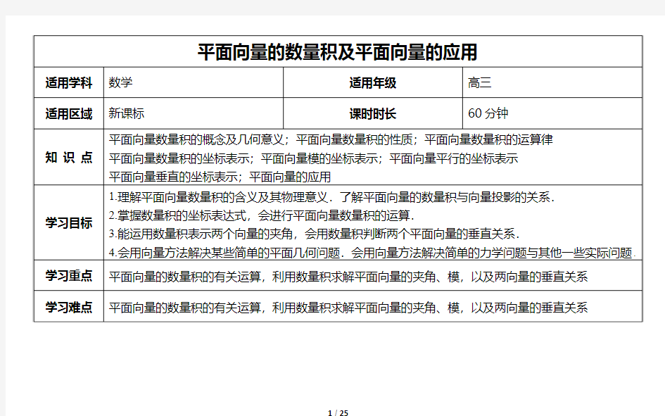 《4.3 平面向量的数量积及平面向量的应用》  学案