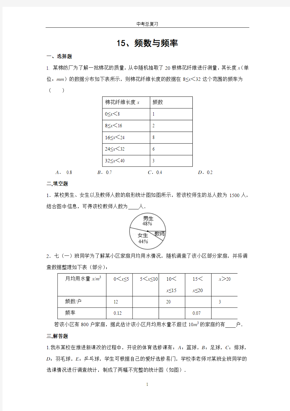 2015盐城中考总复习-15、频数与频率