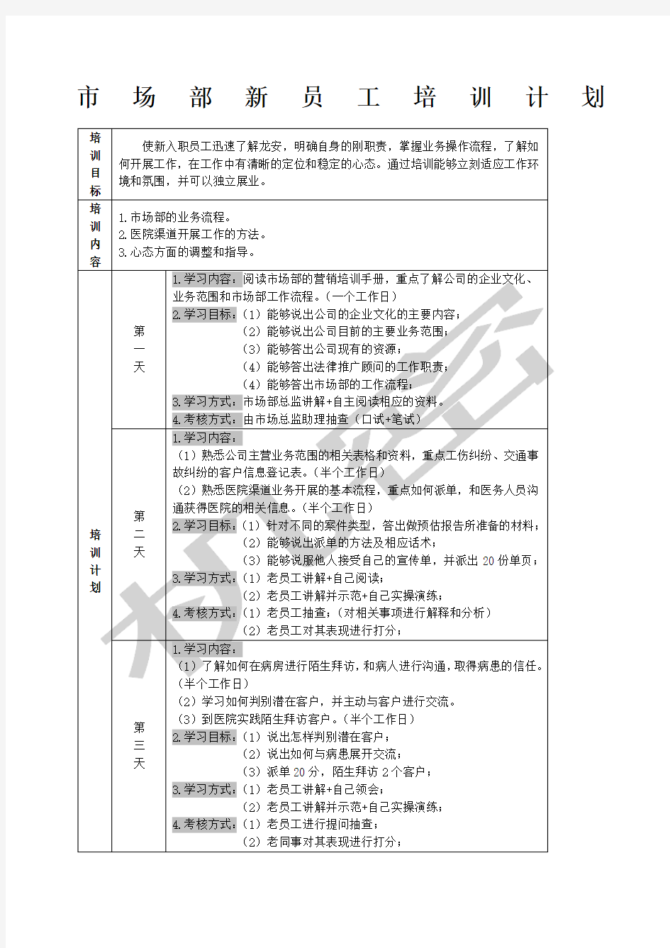 市场部新员工培训计划