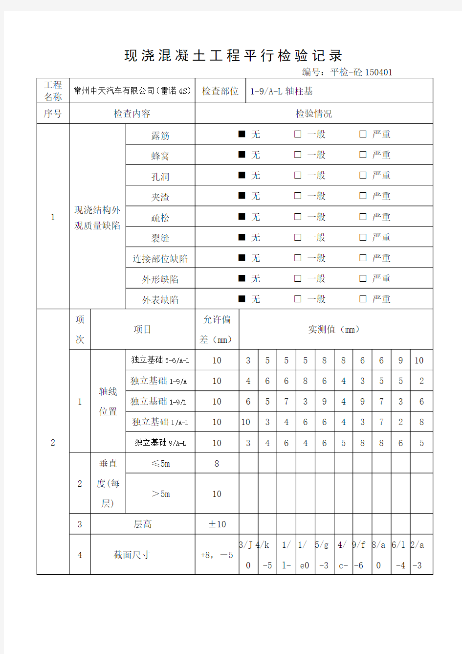 现浇混凝土工程平行检验记录