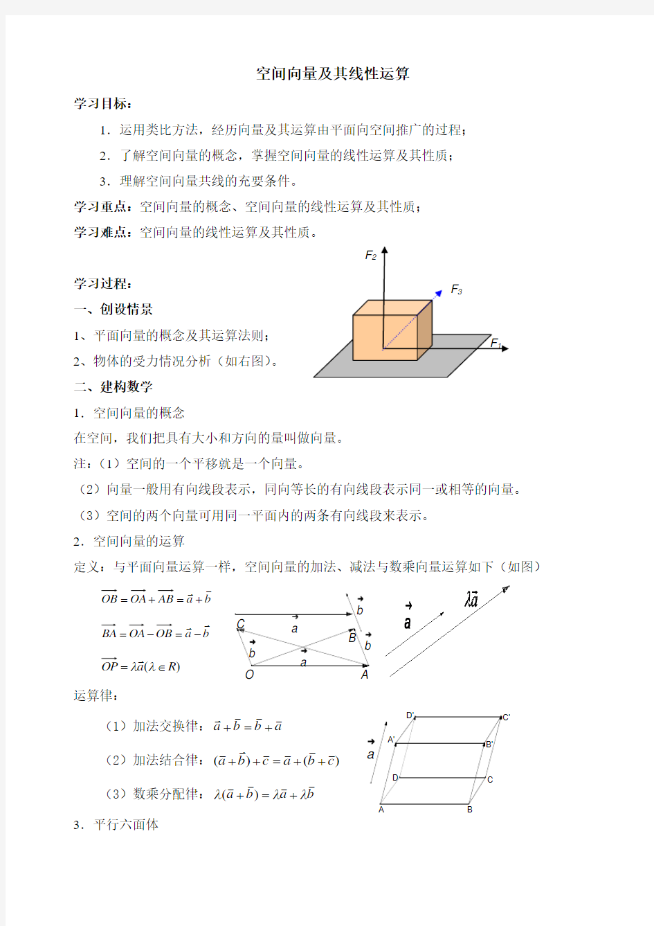 苏教版高中数学选修2-1《空间向量及其线性运算》教案