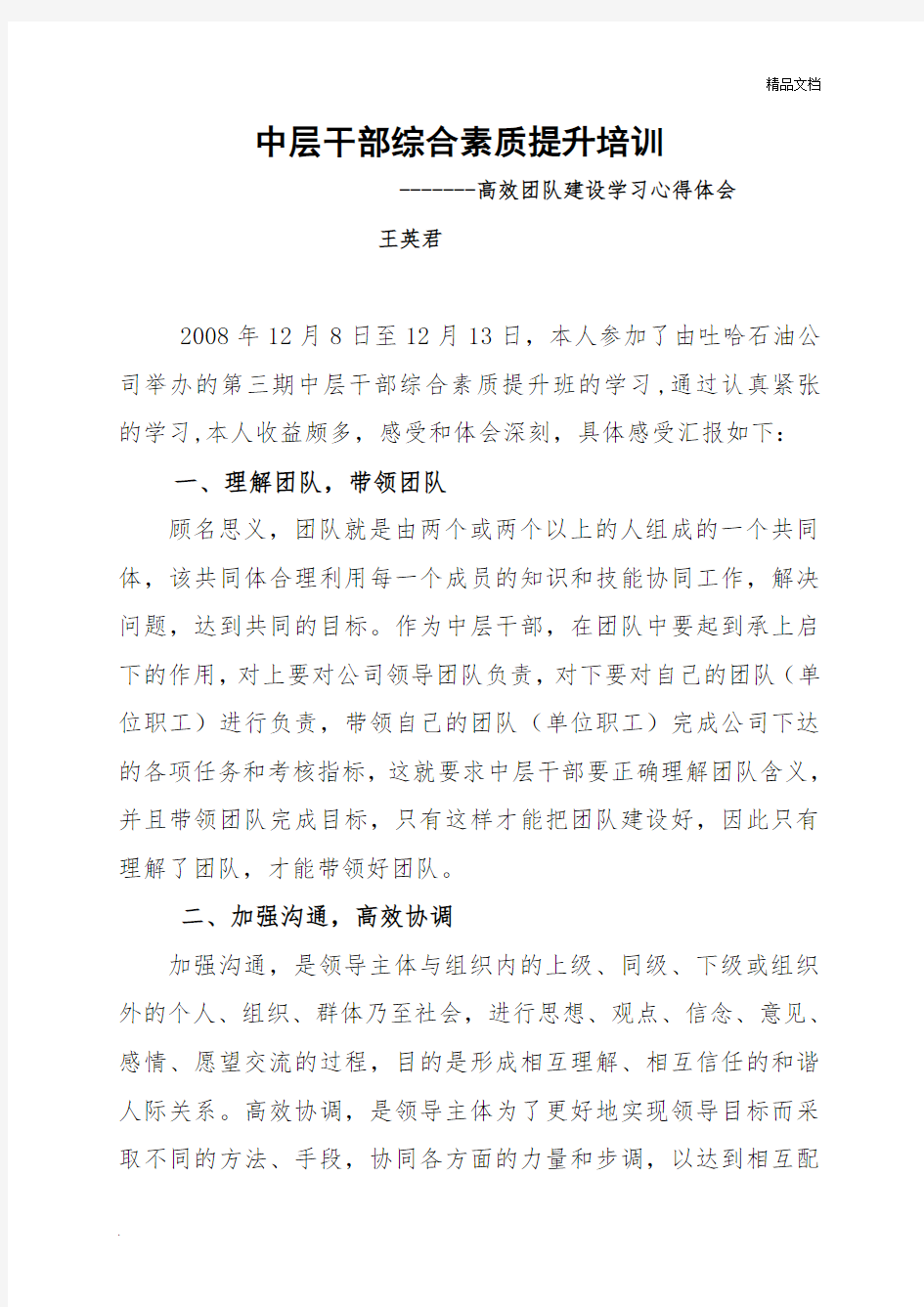 高效团队建设学习心得体会