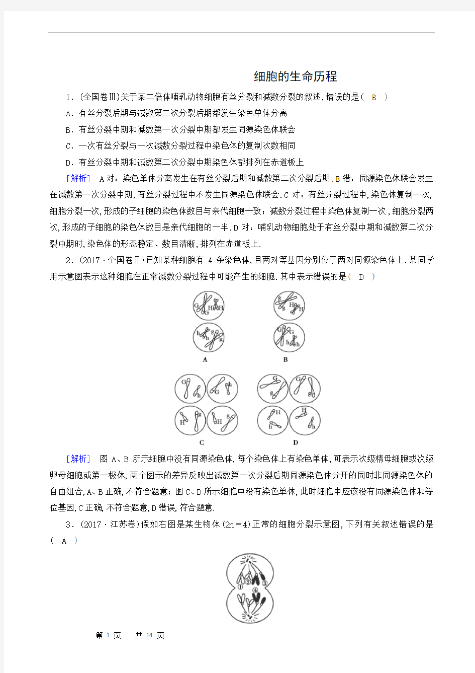 高中生物测试题：细胞的生命历程