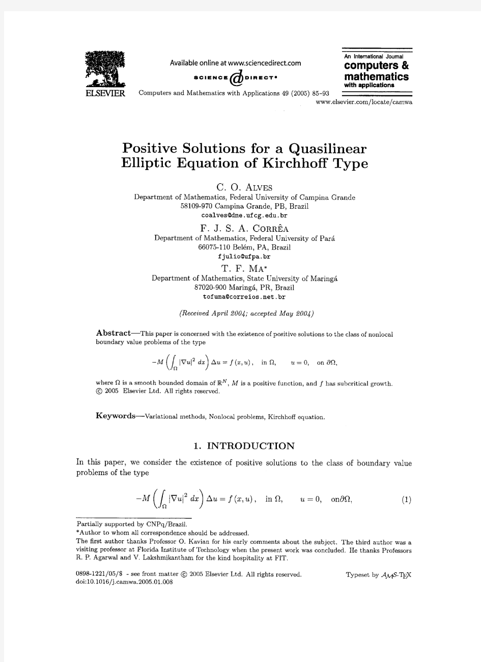Positive solutions for a quasilinear elliptic equation of Kirchhoff type