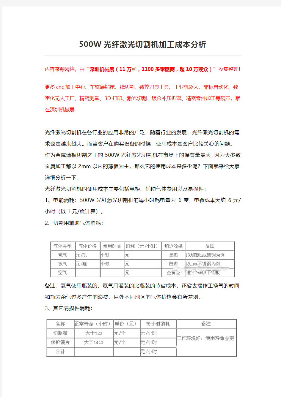 500W光纤激光切割机加工成本分析