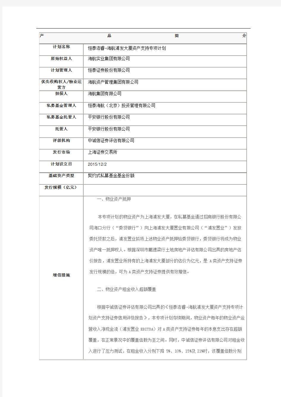 大厦资产支持专项计划基本情况