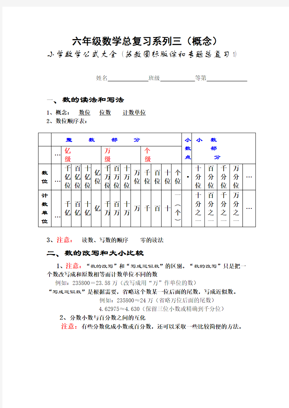 小学六年级数学总复习题库(概念)