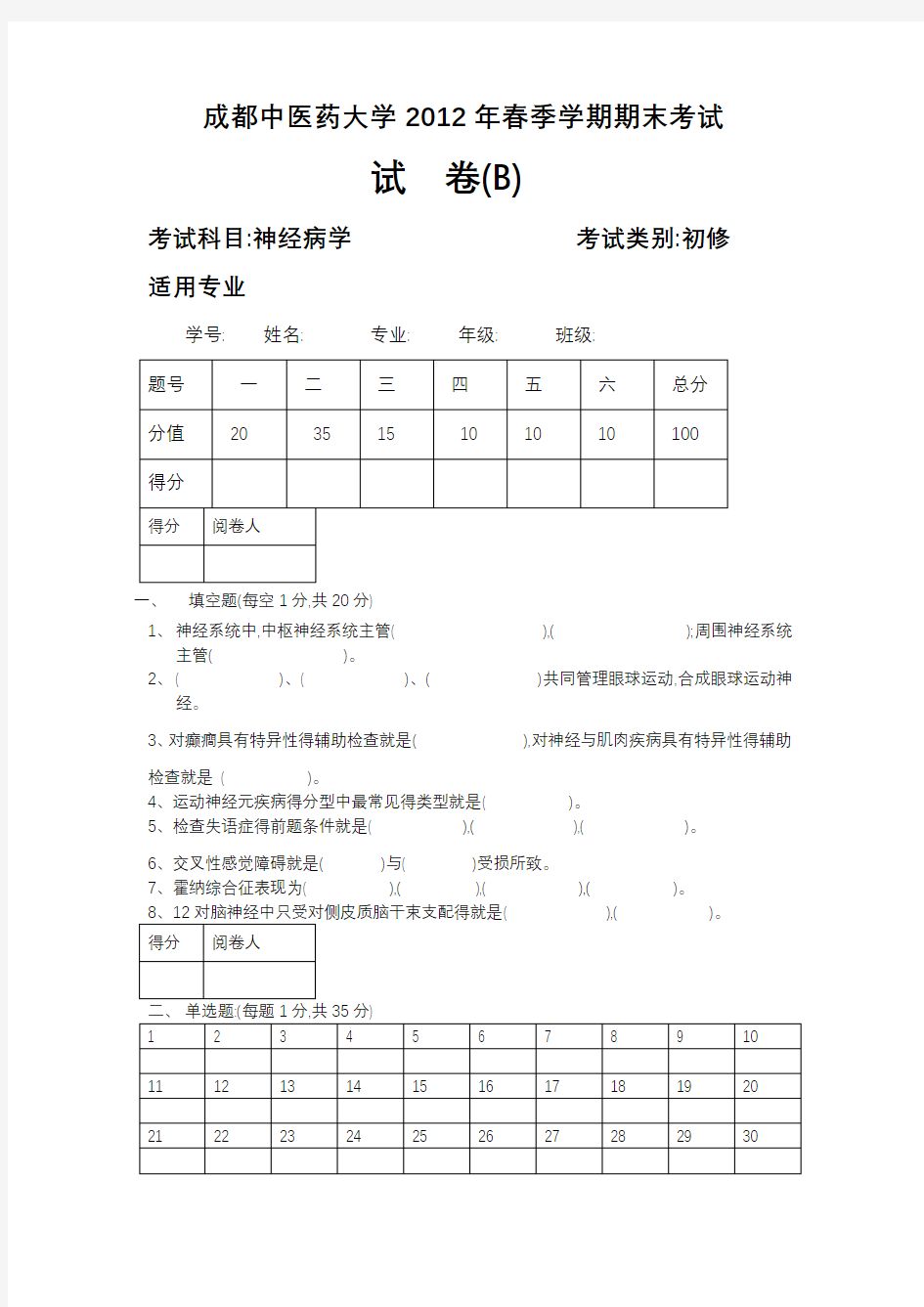 神经病学习题及答案