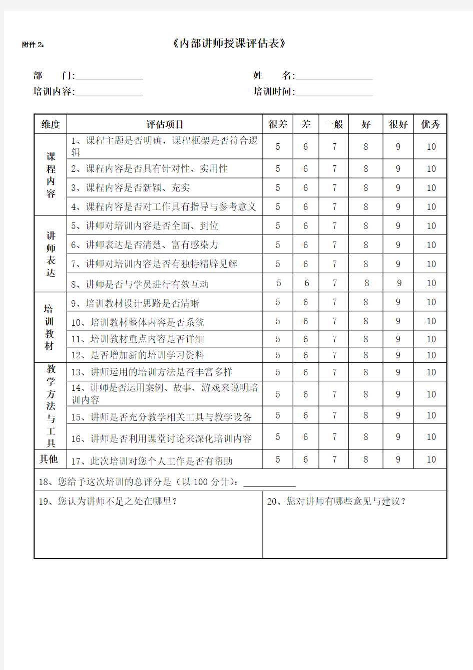 《内部讲师授课评估表》