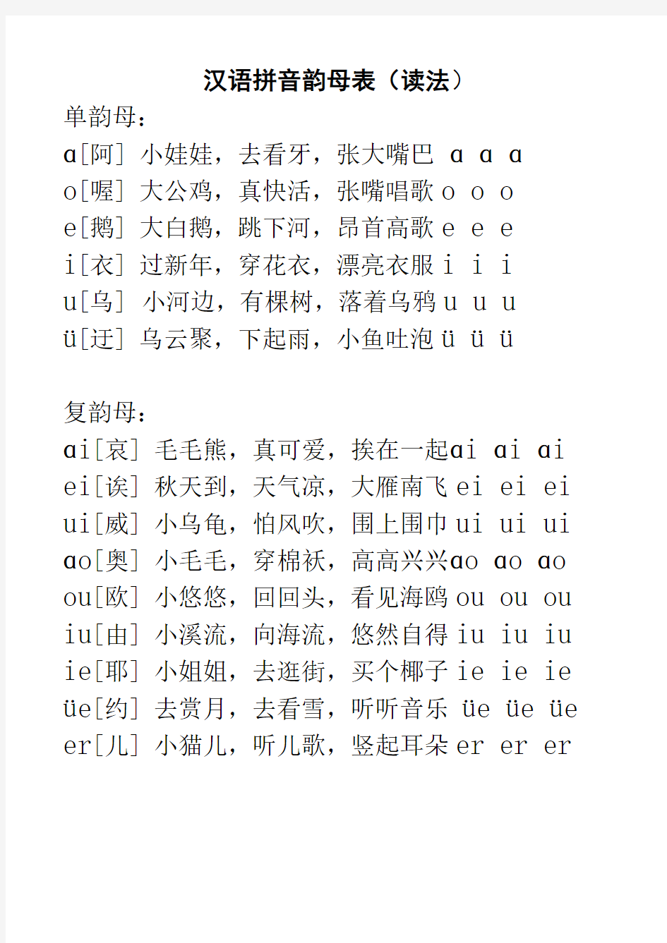 一年级汉语拼音字母表-含读法和儿歌