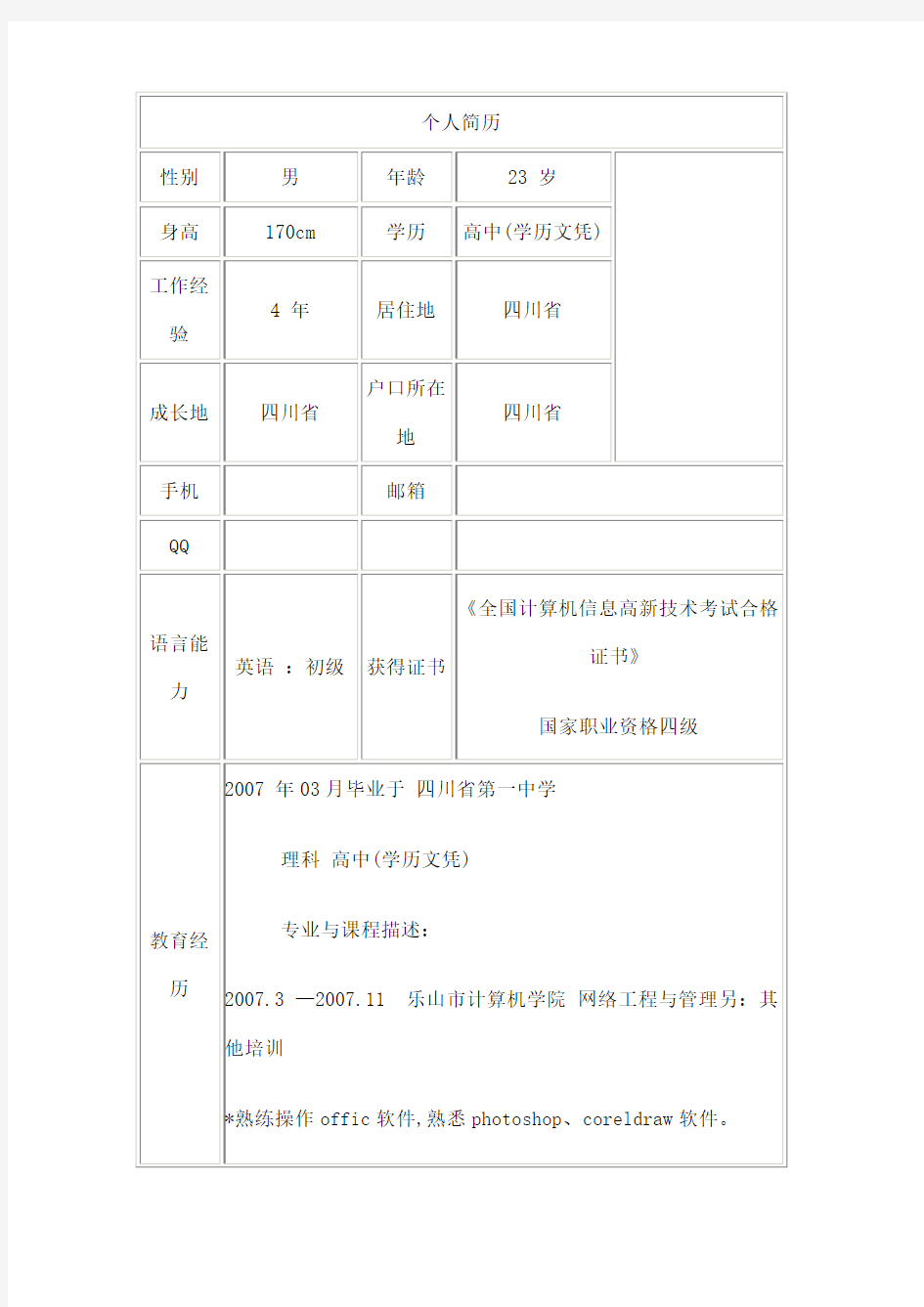 操作工个人简历模板