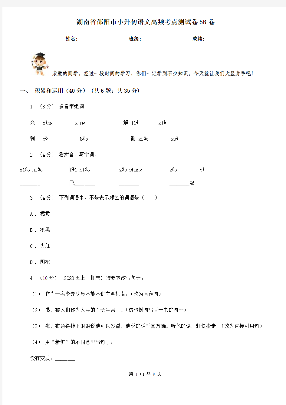 湖南省邵阳市小升初语文高频考点测试卷5B卷