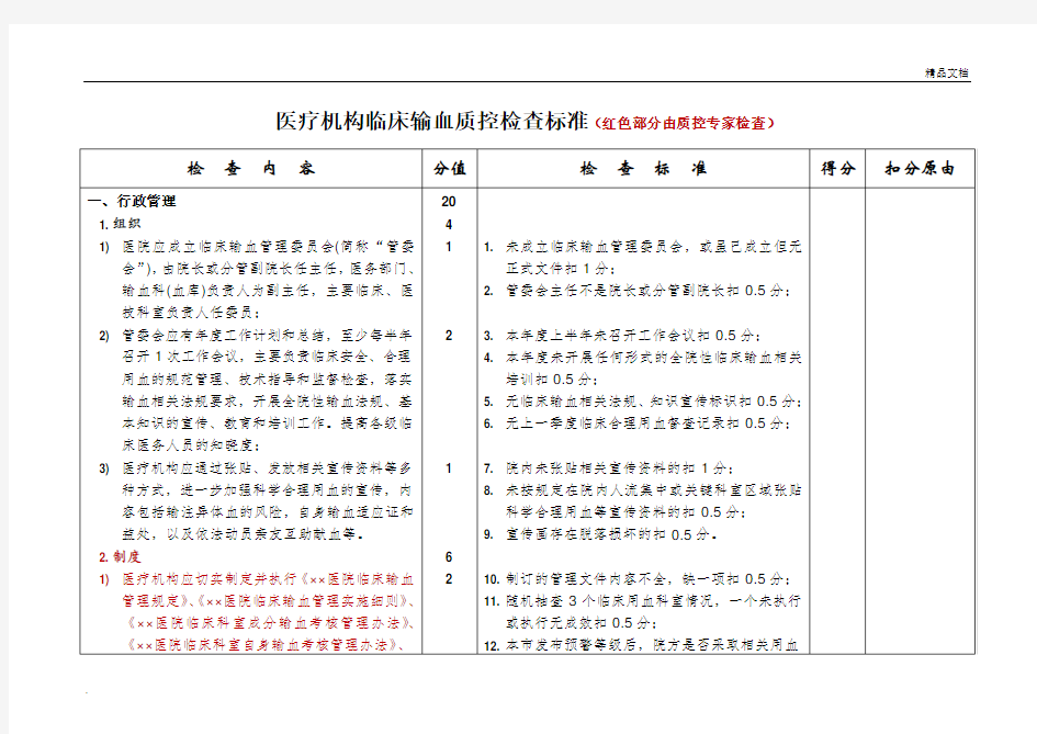 临床输血质控检查评分标准