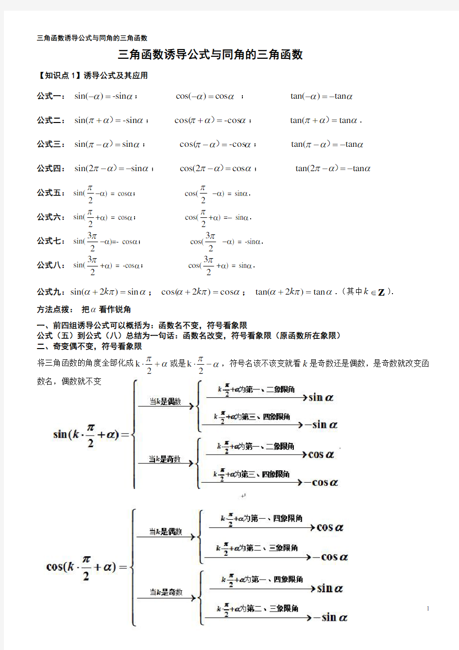 (完整版)三角函数诱导公式总结