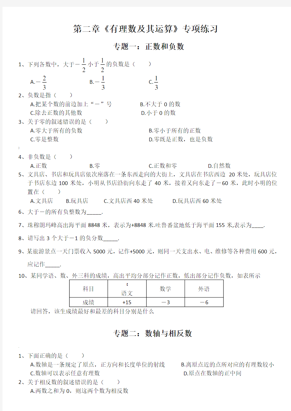 有理数及其运算专项练习共7个专题