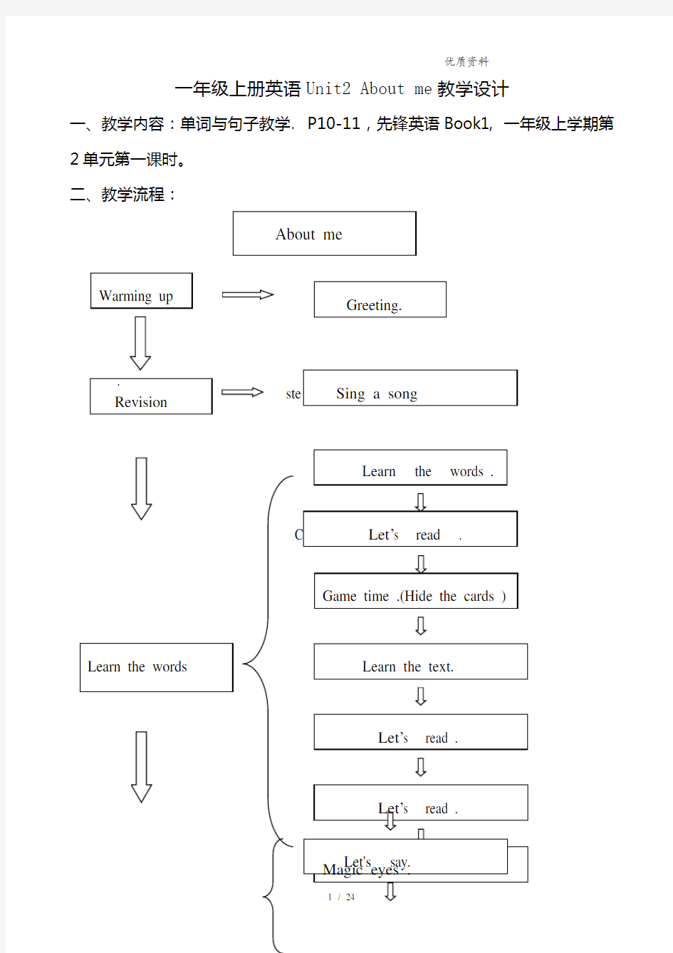 北师大版 先锋英语 一年级上册 Unit 2 About me单元优秀教学设计教案