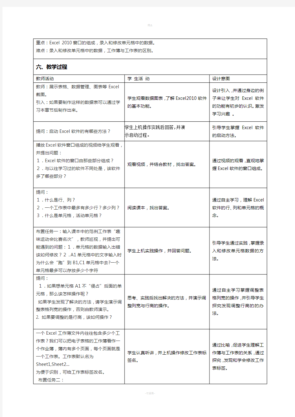 认识Excel-2010教学设计与反思