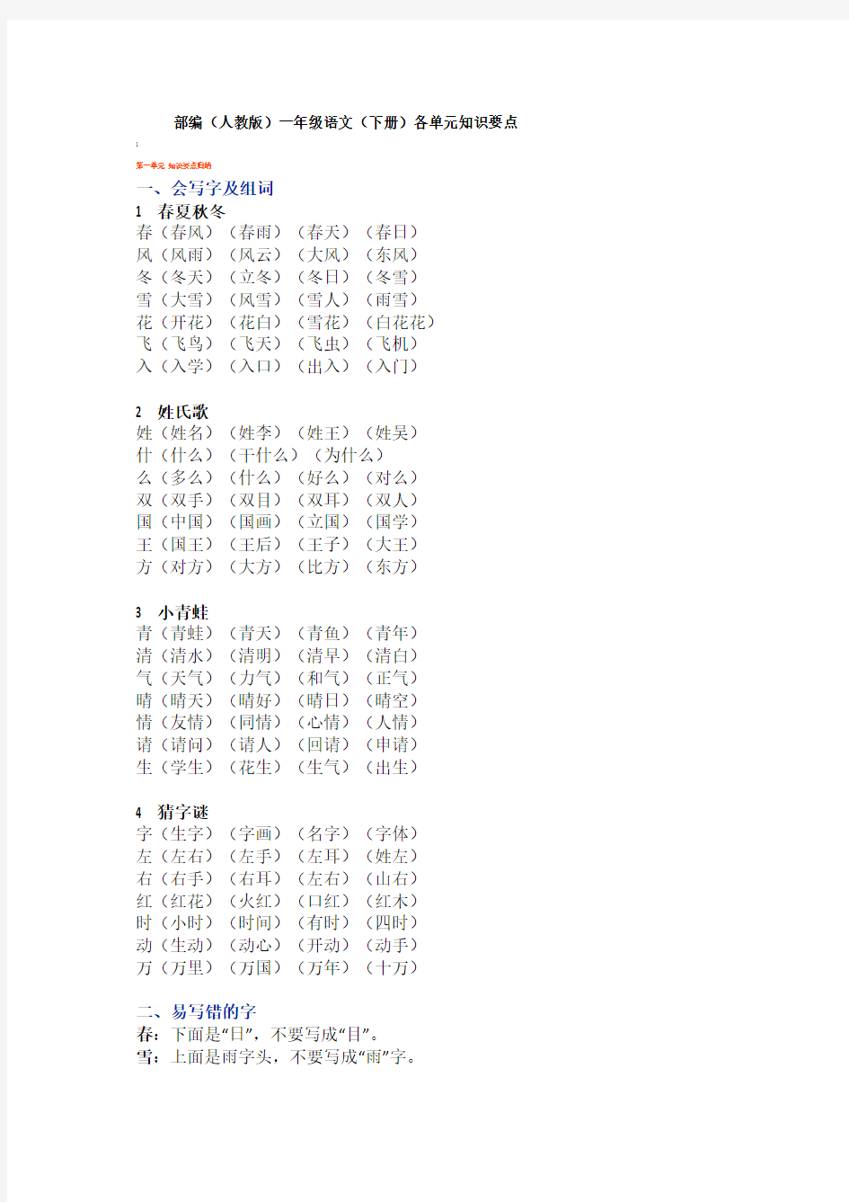 部编语文一年级知识要点汇总