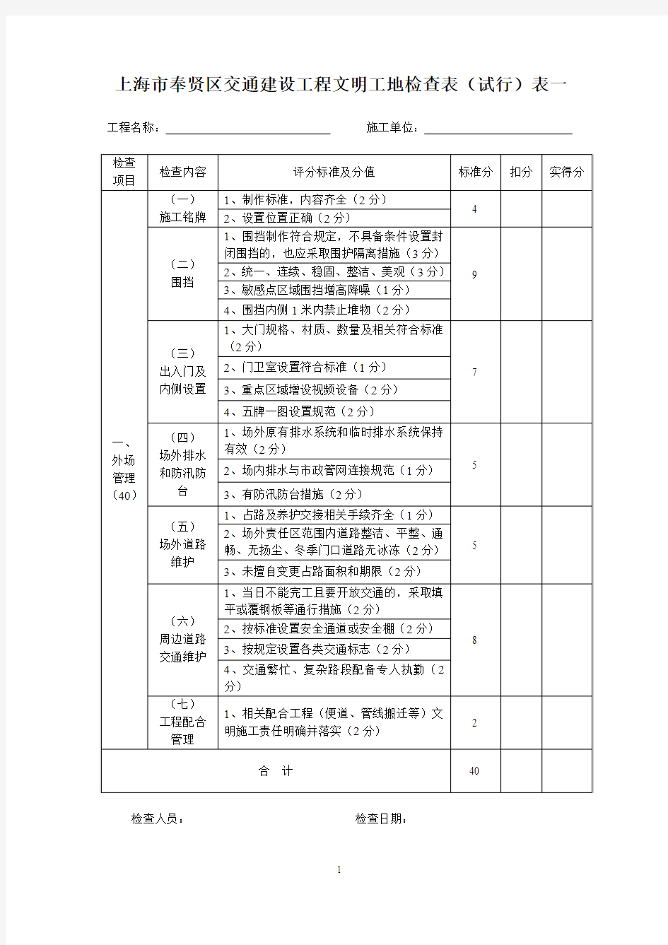 上海奉贤区交通建设工程文明工地检查表试行表一