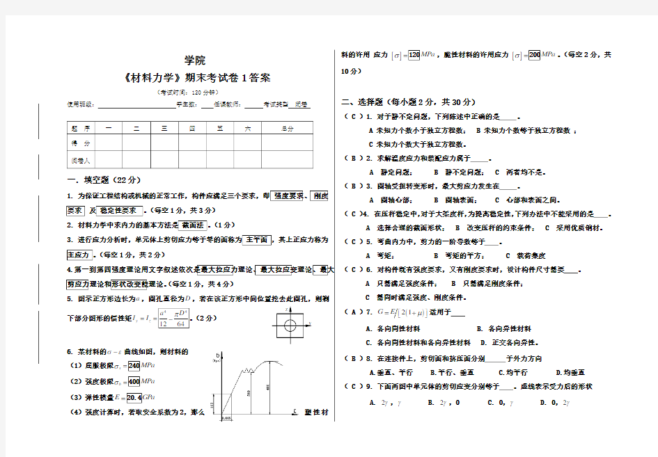 材料力学期末试卷1(带答案)