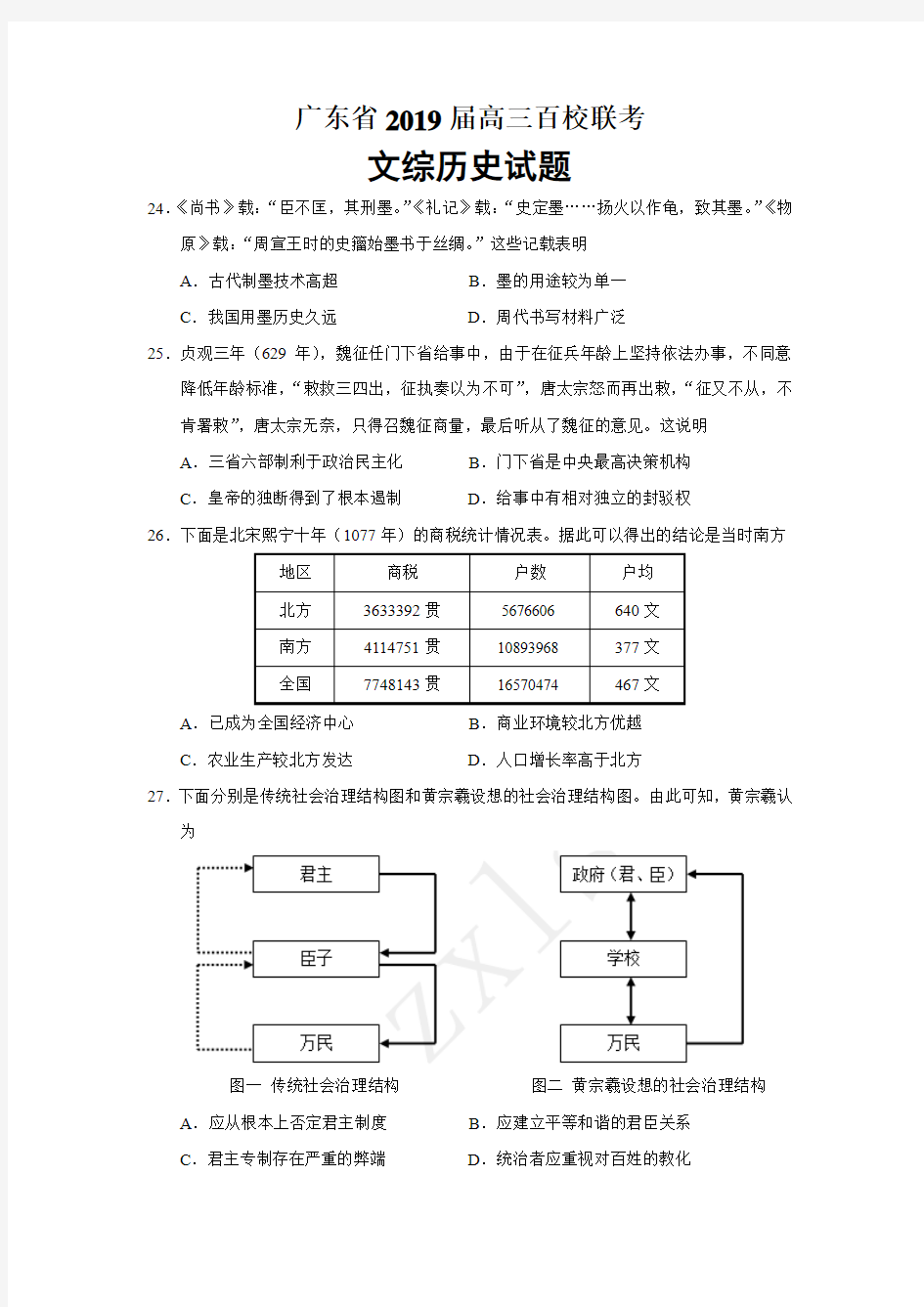 广东省2019届高三百校联考文综历史试题