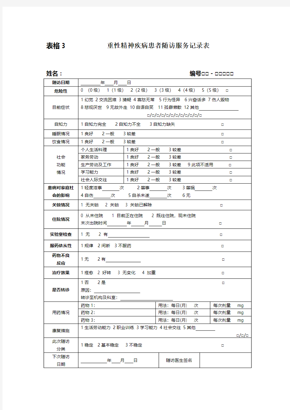 2018年最新版重性精神病随访表