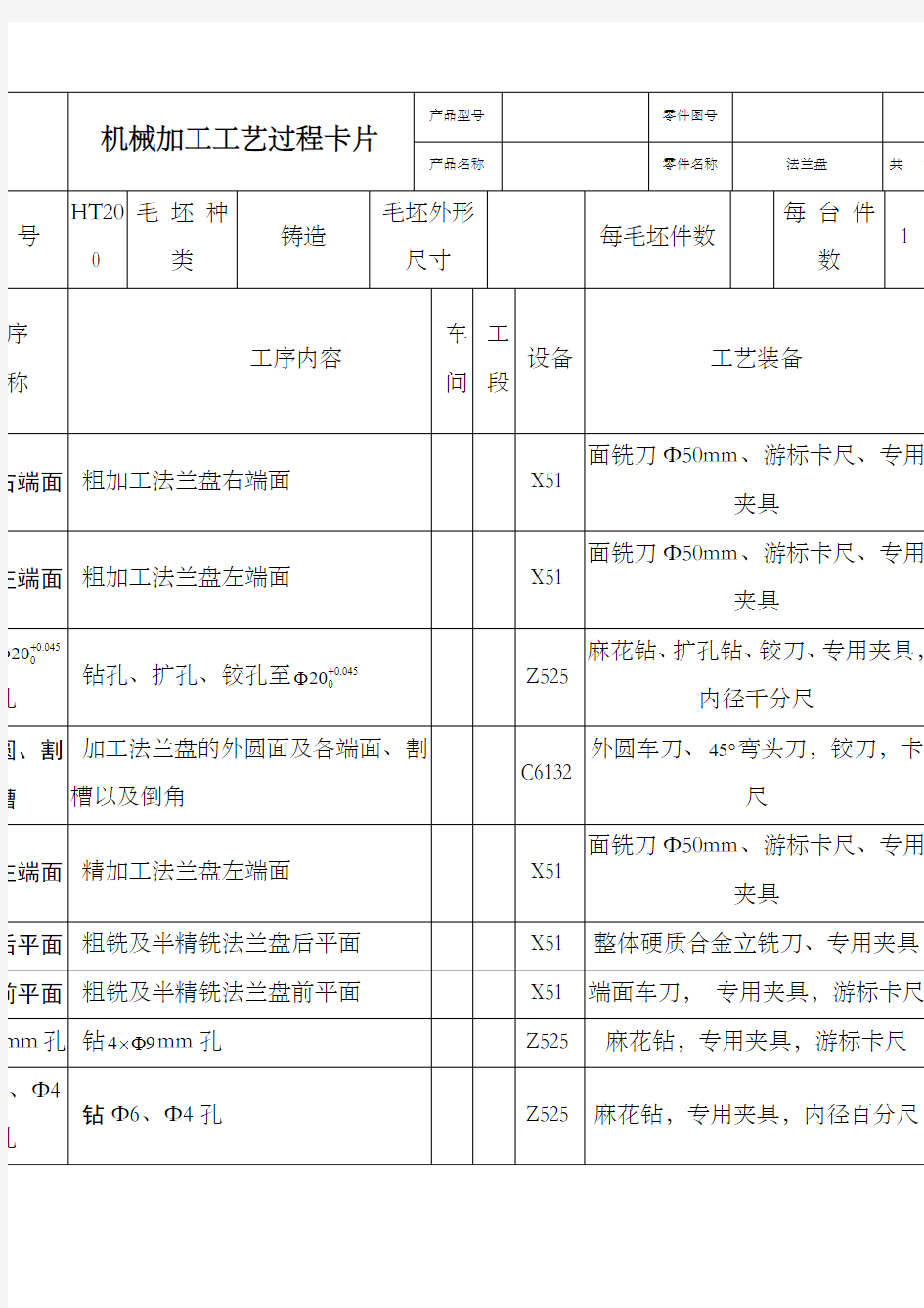 机械制造课程设计CA法兰盘机械加工工艺过程卡片及工序卡片