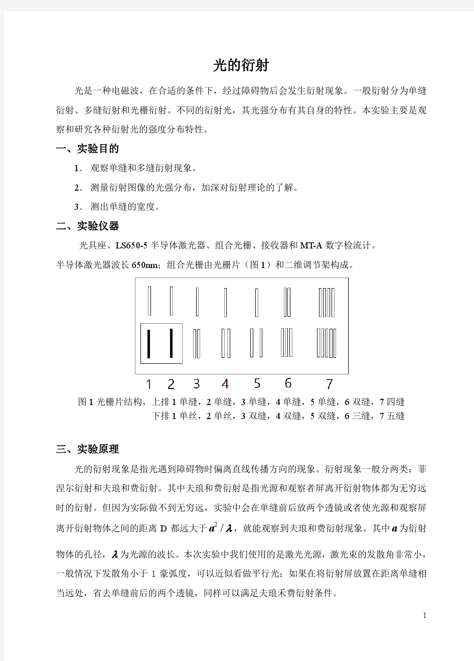 光的衍射实验报告-数据表格