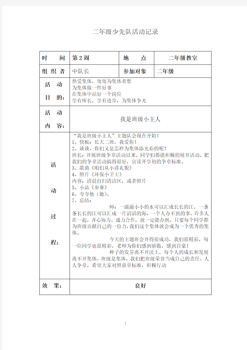 (完整)二年级班队活动记录表