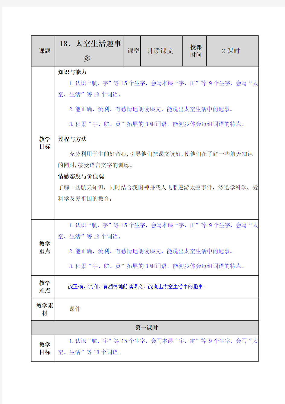 18 太空生活趣事多 教案