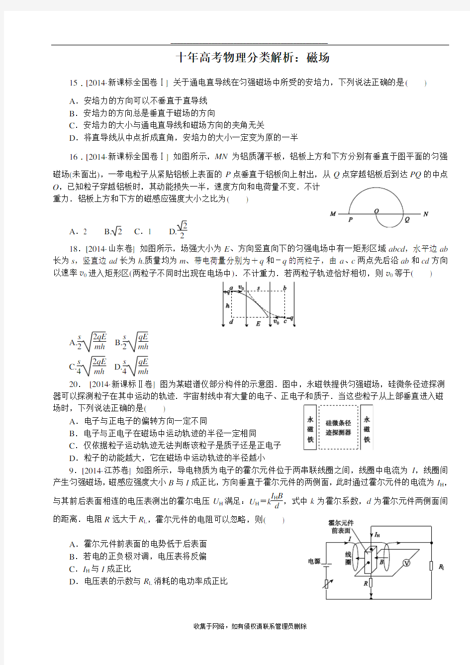 最新十年高考物理分类解析磁场