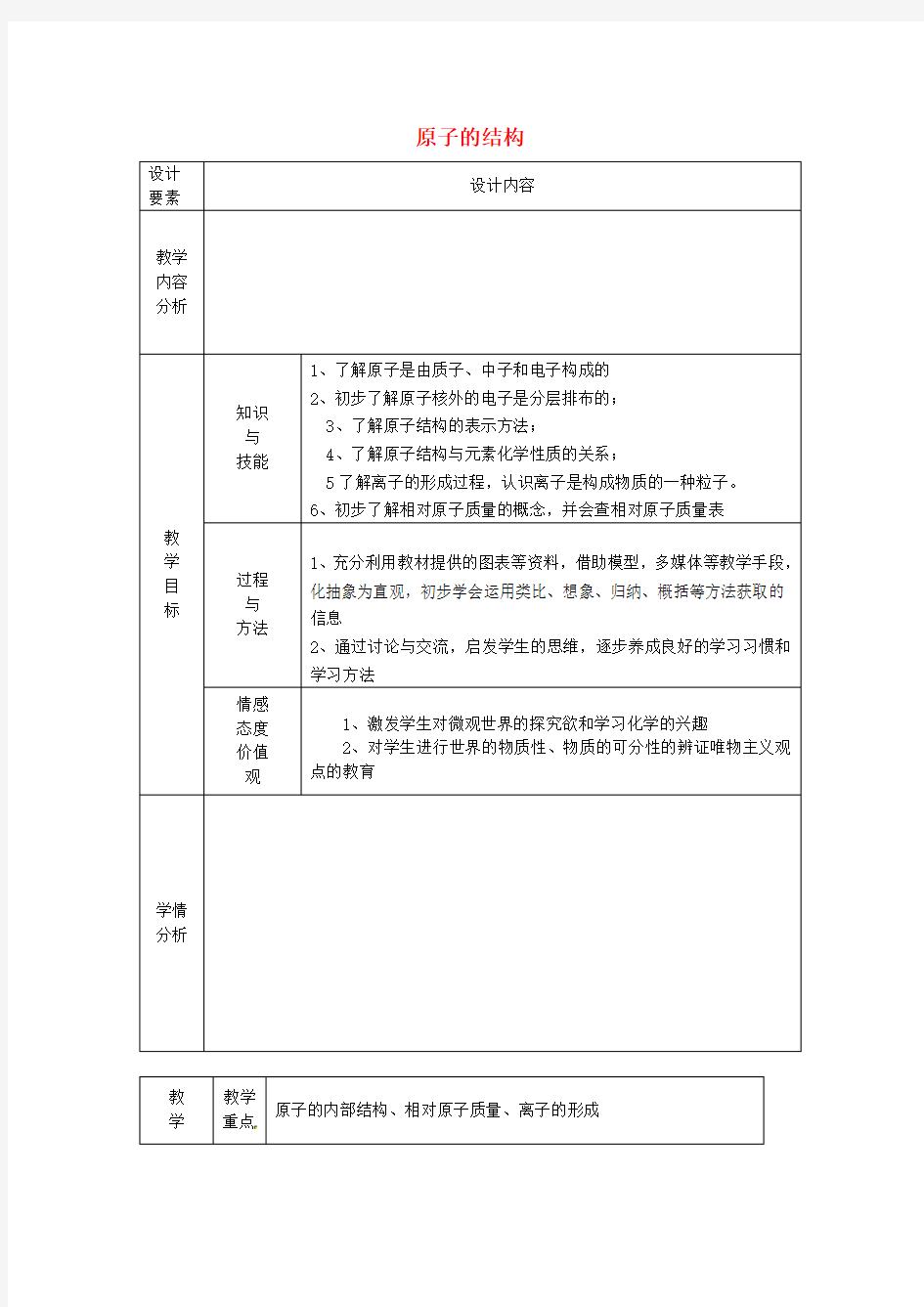 九年级化学上册原子的结构教案