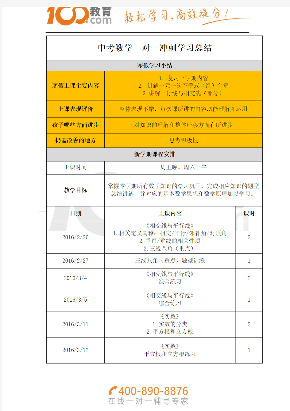 中考数学一对一辅导学习总结