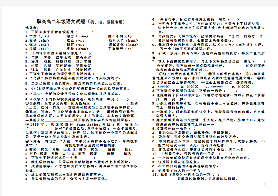 职高班语文试题含答案