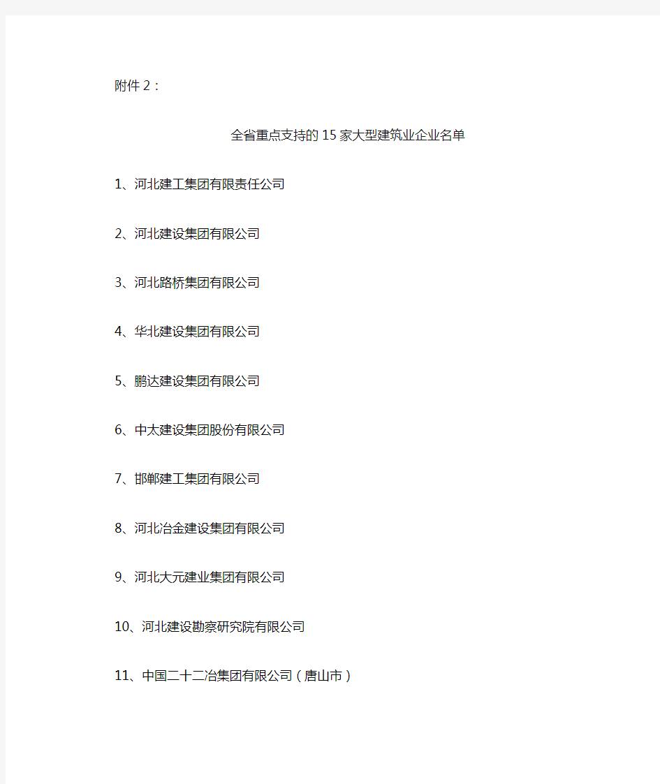 河北省重点支持的15家大型建筑业企业名单
