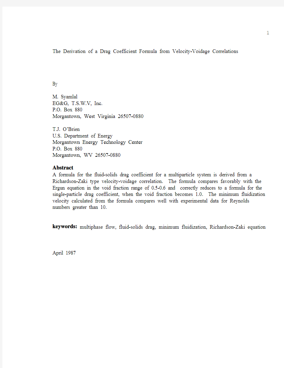 1987 The Derivation of a Drag Coefficient Formula from Velocity-Voidage Correlations