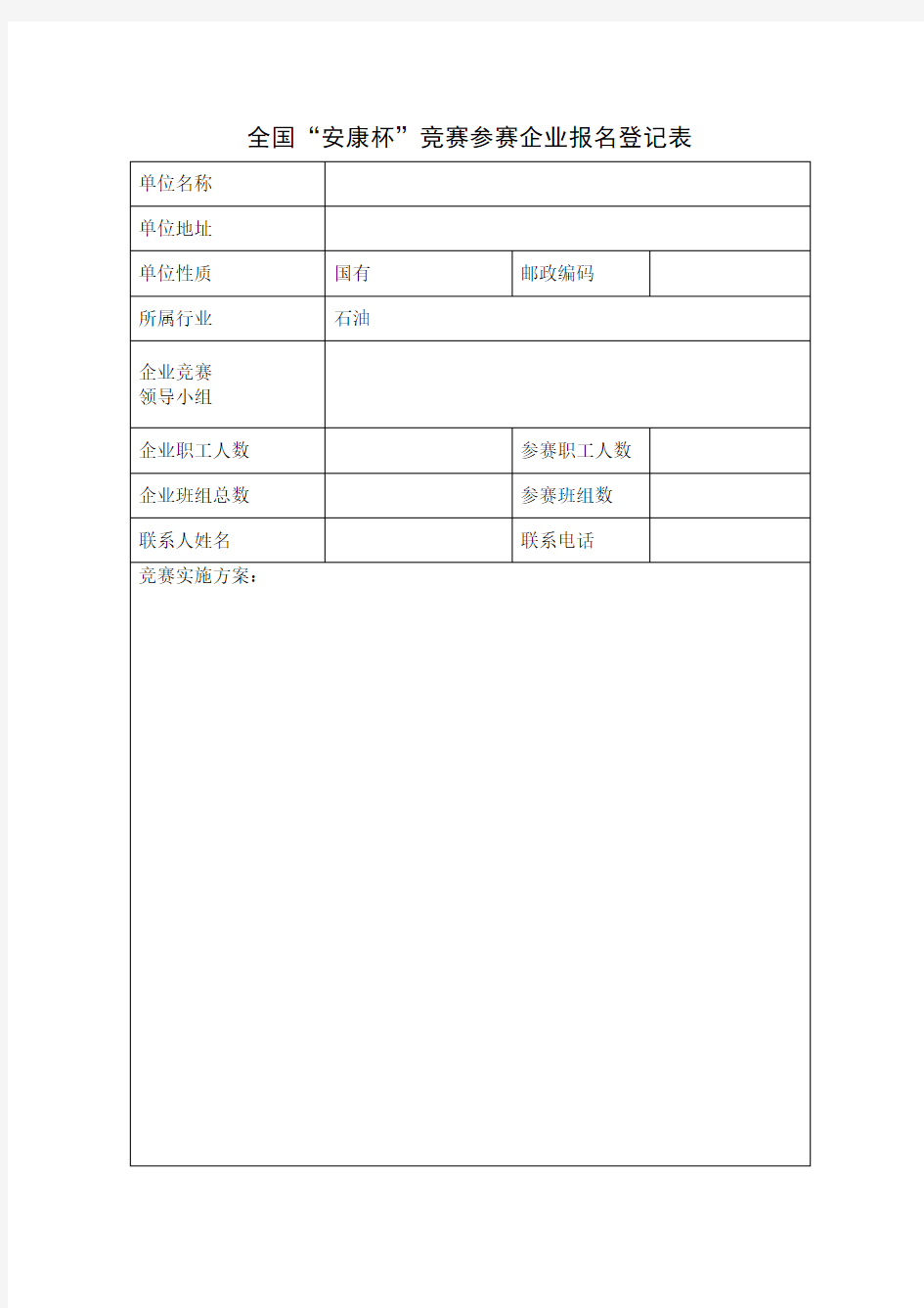 全国“安康杯”竞赛参赛企业报名登记表