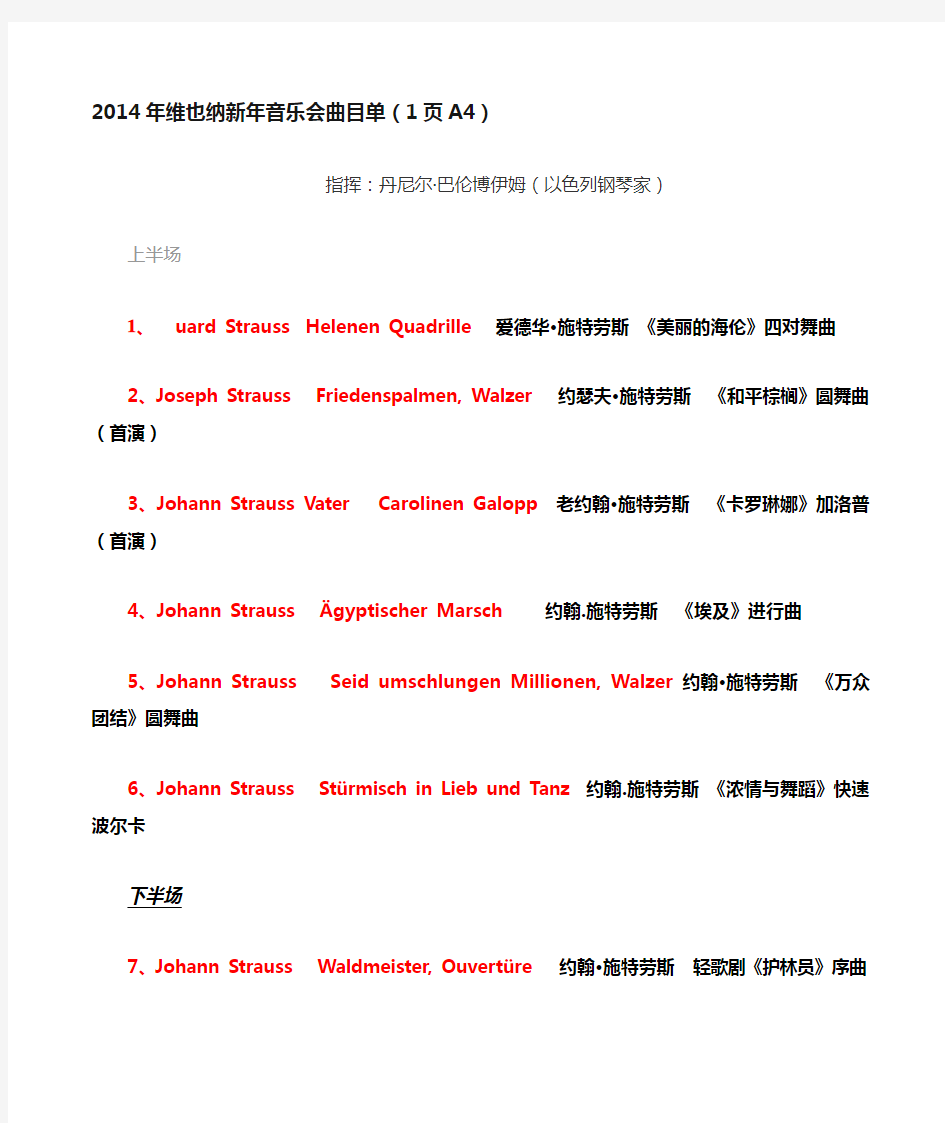 2014年维也纳新年音乐会曲目