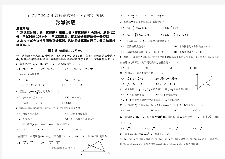 山东省2015年春季高考数学试题(word版)