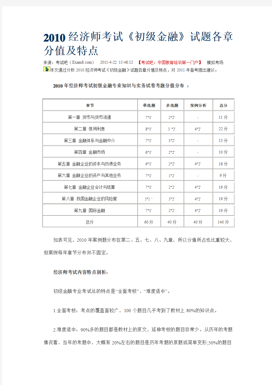 2010经济师考试《初级金融》试题各章分值及特点