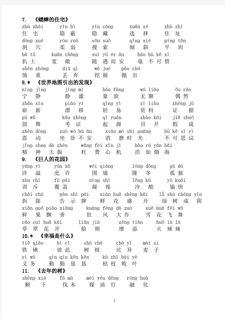 人教版语文四年级上册词语表