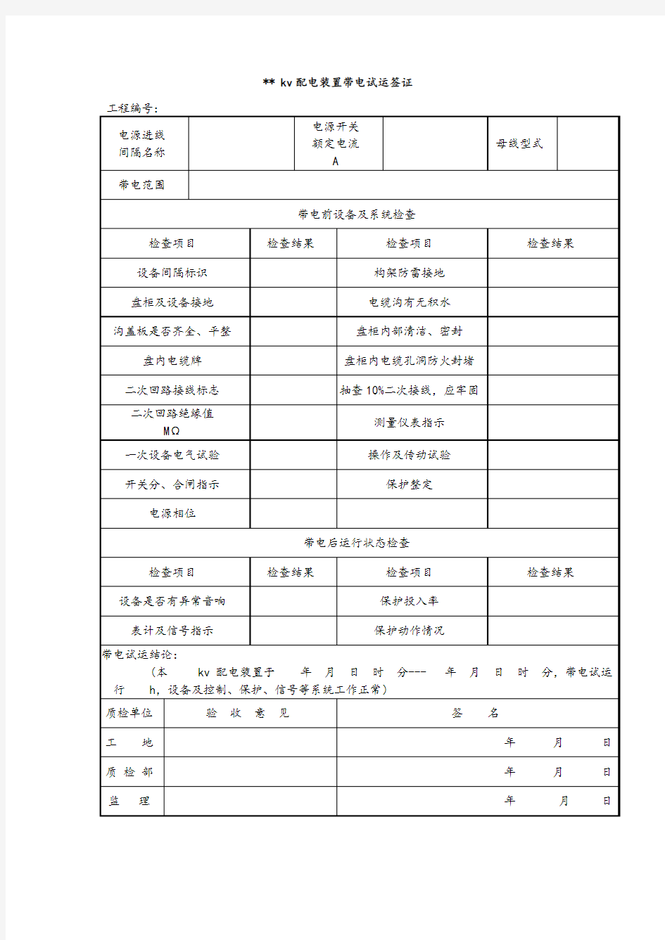 配电装置带电试运签证