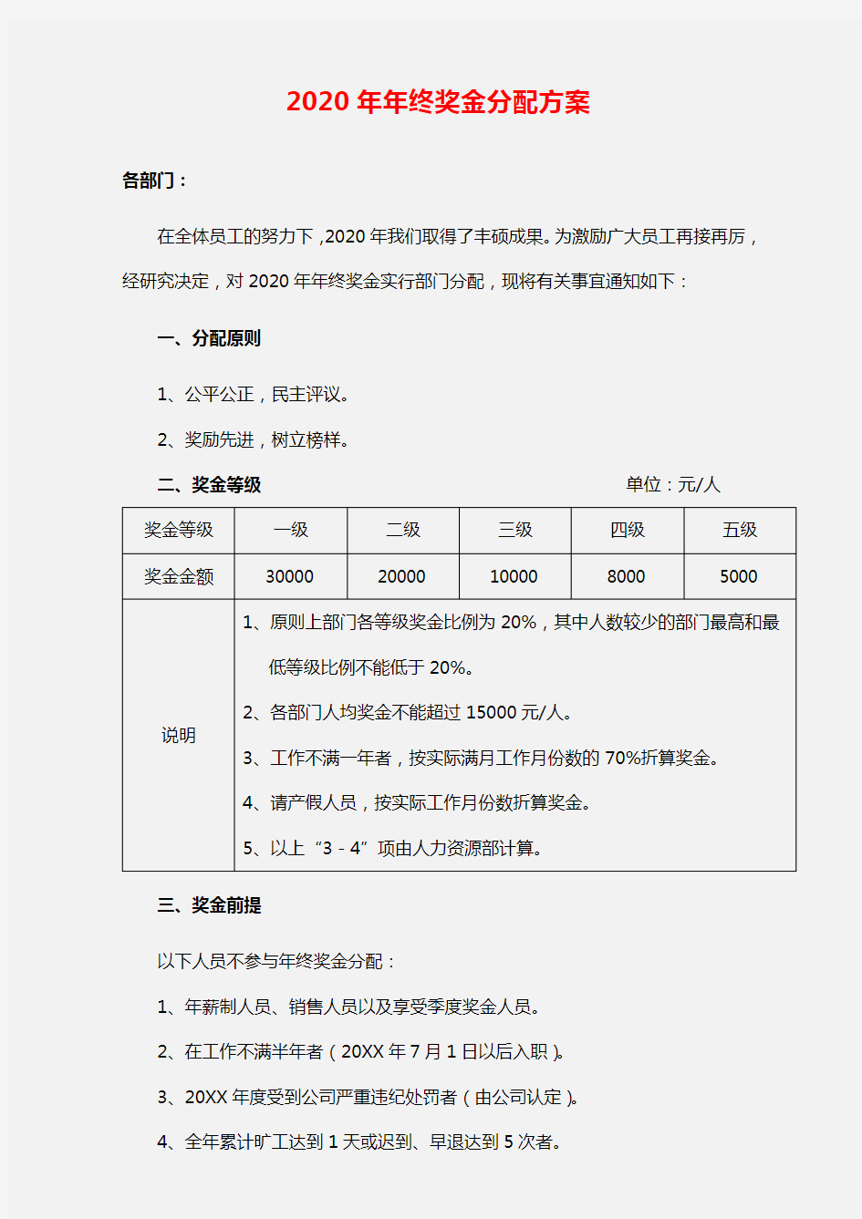 2020年年终奖金分配方案